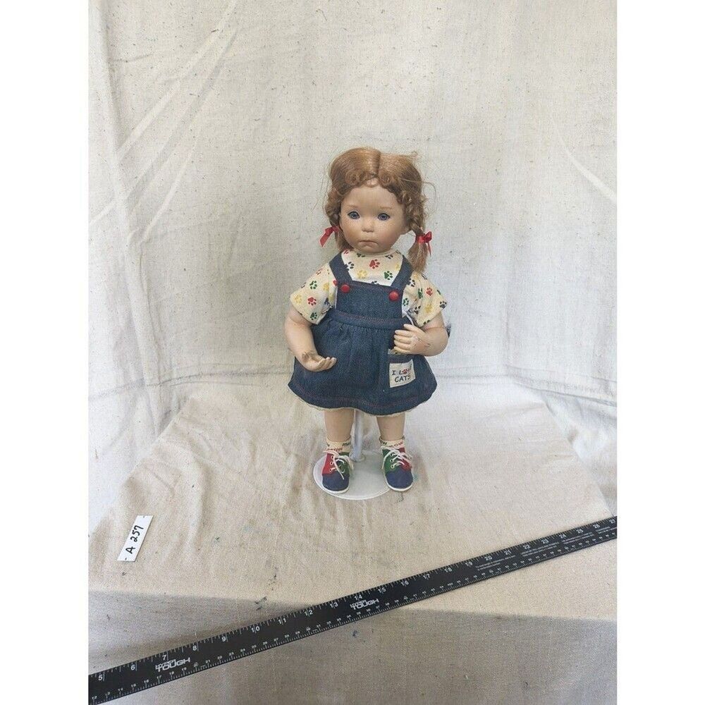 Vintage Donna Rubert "I Love Cats" Porcelan Doll in Denim Dress w/ Braided Hair